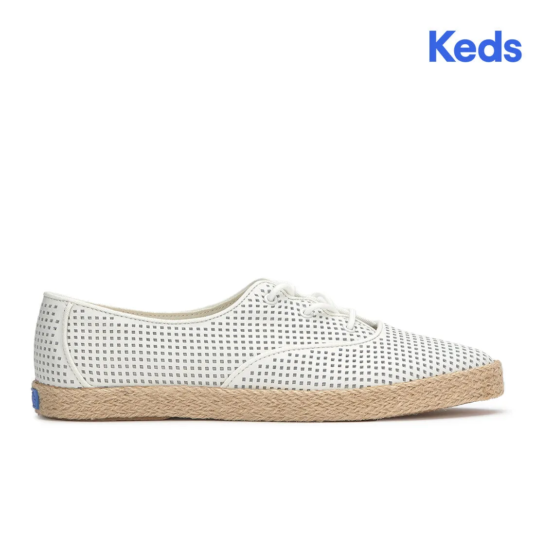Keds Womens Champion Point Low Wave Perf Leather Jute Foxing Sneaker Snow White