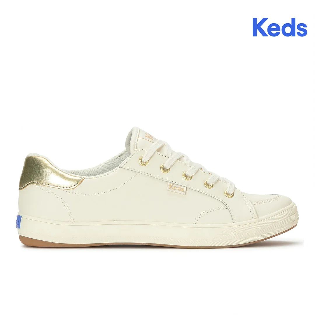 Keds Women's Center III Leather Egret/Gold Sneaker Keds Women’s Center III Leather Egret/Gold Sneaker