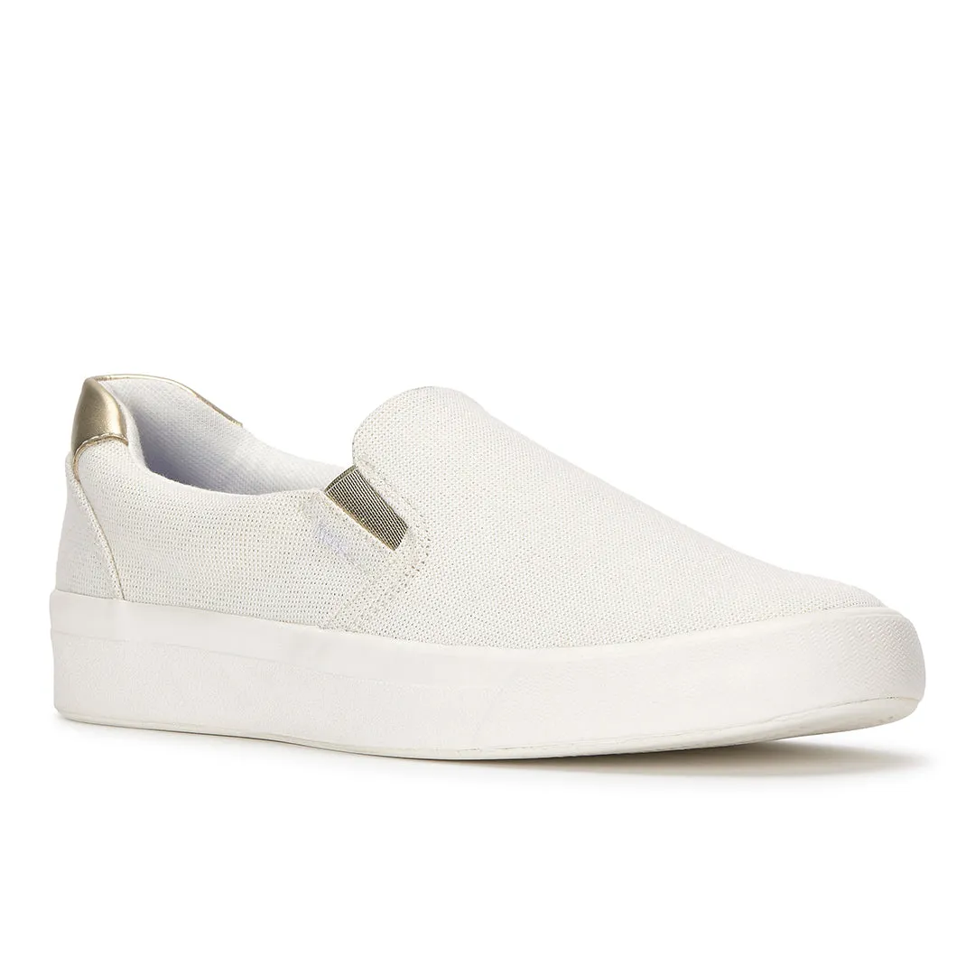 Keds Women’s Pursuit Slip Lurex Linen Snow White/Gold Sneaker