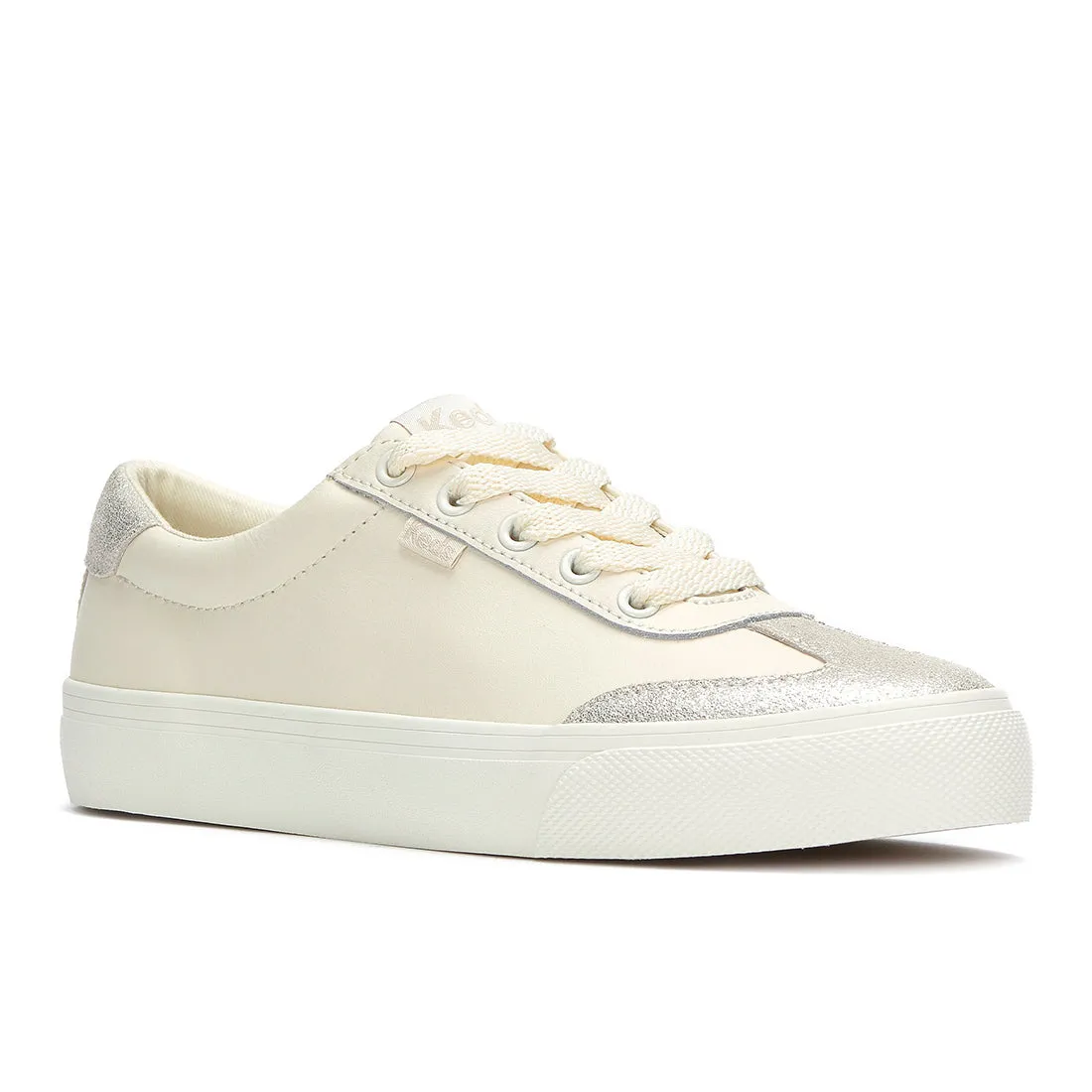 Keds Women’s Jump Kick T-Toe Leather/Glitter Suede Sneaker Egret/Champagne