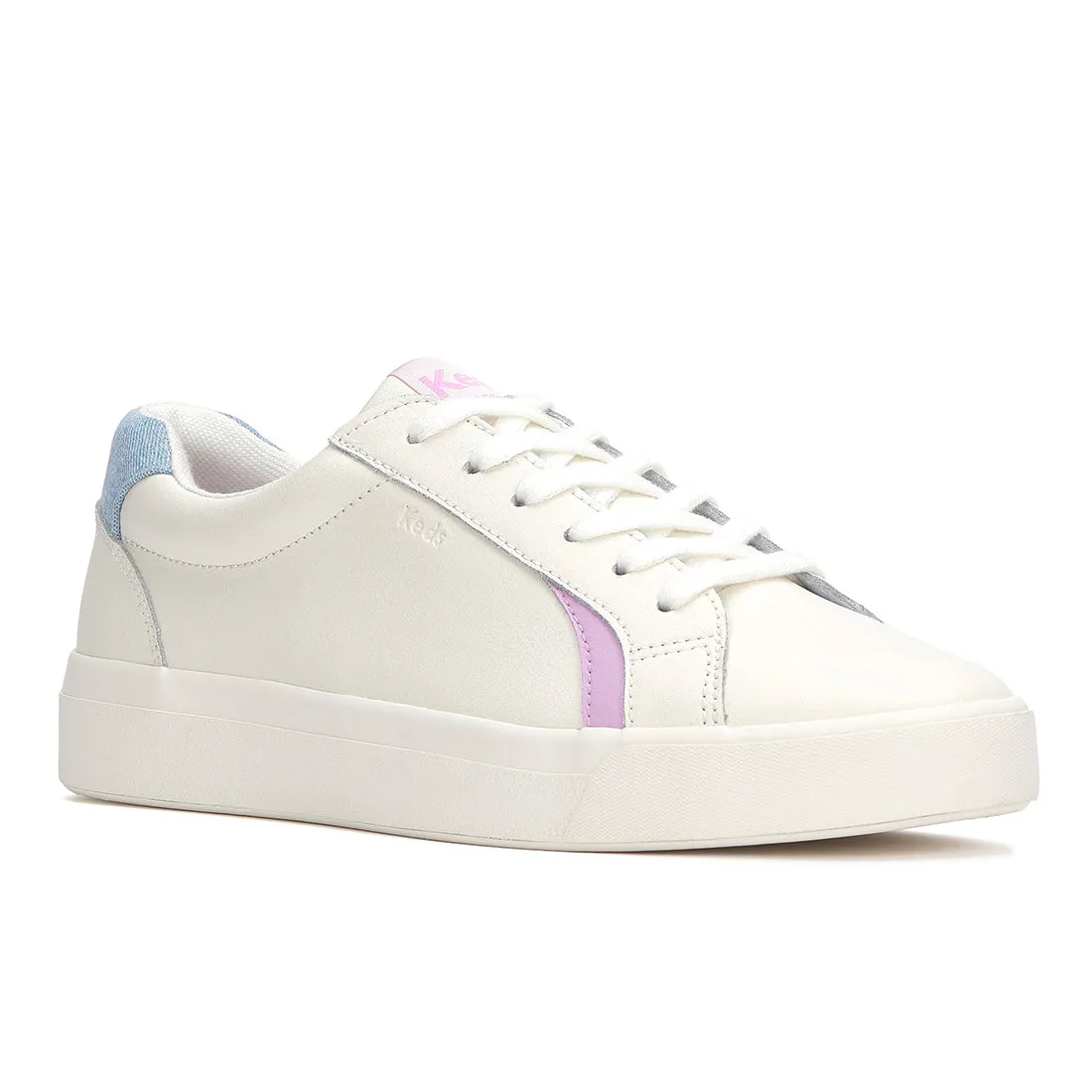 Keds Women’s Pursuit Leather Denim Heel Fob Sneaker Snow White/Light Blue
