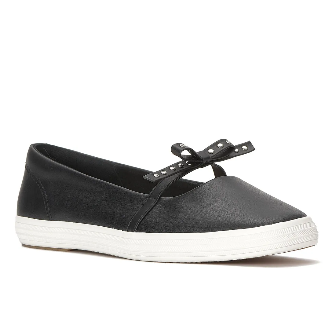 Keds Womens Keds Square Toe Mini Bow Leather Black Sneakers