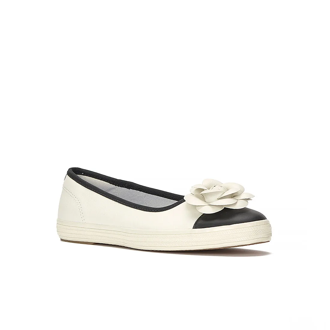 Keds Womens Maisie Ballet Toe Cap Leather Flower Applique Egret/Black Sneakers