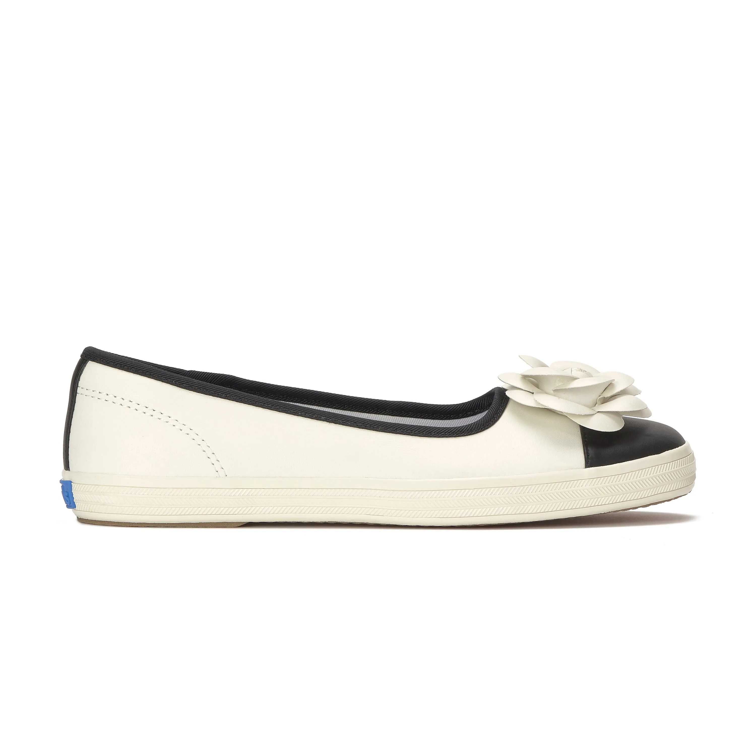 Keds Womens Maisie Ballet Toe Cap Leather Flower Applique Egret/Black Sneakers